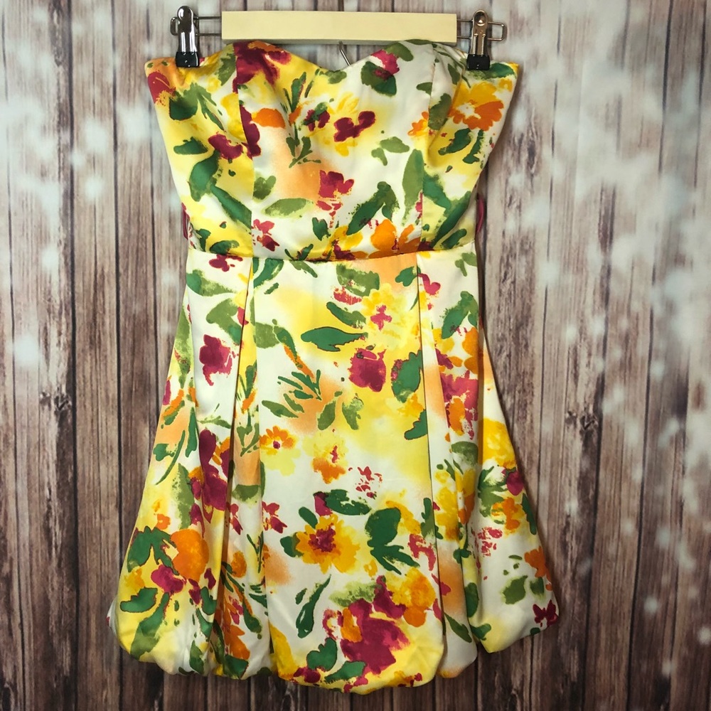 Yellow floral formal strapless bubble dress size S